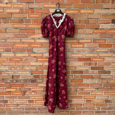 vintage 70s red burgundy prairie girl floral puff sleeve maxi dress / m medium 