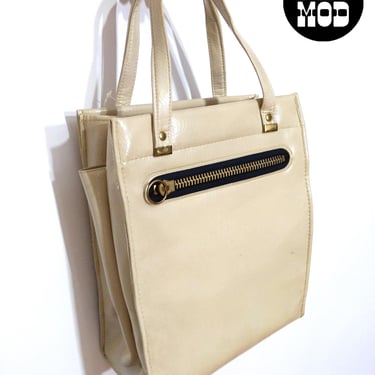 NWOT Vintage 70s Cream-Colored Vinyl Mod Tote Bag with O-Ring Zipper 