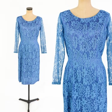 1950s Blue Lace Cocktail Dress | 50s Blue Lace Evening Dress | Medium 