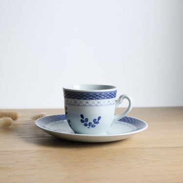 Vintage Aluminia Denmark coffee cup and saucer, Tranquebar light blue with floral decor 