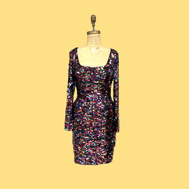 Vintage Dress Retro 1980s Blacktie + Oleg Cassini + Size 12 + Rainbow Sequins + Mini Dress + Evening and Party Wear + Womens Apparel 