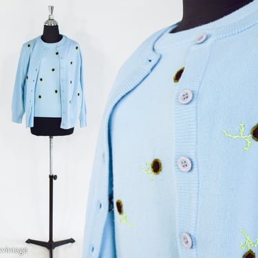 1950s Pale Blue Embroidered Cardigan Sweater Set | 90s Blue & Beaded Matching Cardigan Set | Medium 