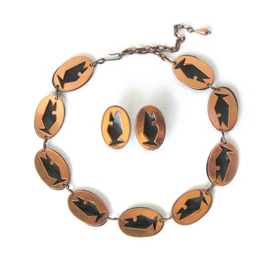 Mid Century Modern Choker and Earring Set, Tiki FISH Design Copper NECKLACE, Modernist Jewelry, Women's Jewelry, Demi-Parure, Ohana Style 
