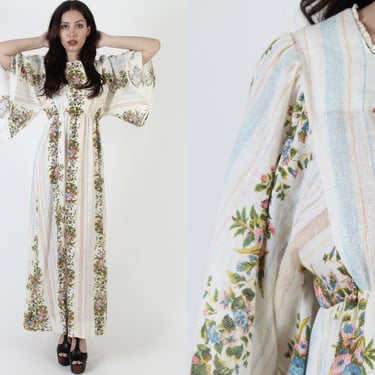 Romantic Tapestry Kimono Sleeve Dress / Wide Sheer Bell Angel Arms / Vintage 70s Long Bohemian Cloth Maxi Dress 