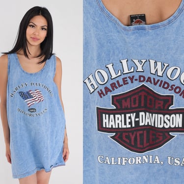 Harley Davidson Tank Top Y2k Hollywood Shirt Biker American Flag Graphic Tee California Motorcycle Rocker Faded Blue Vintage 00s Mens Large 