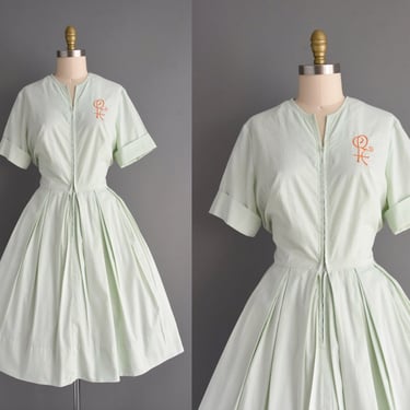 1950s vintage dress | Classic Mint Green Shirtwaist Cotton Full Skirt Dress | Large | 50s dress 