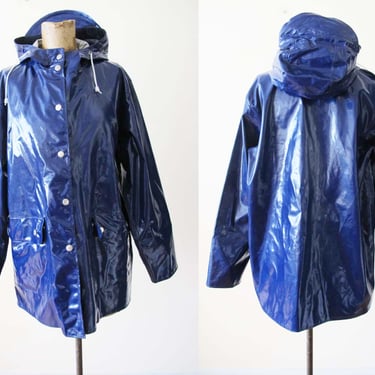 Vintage 80s Navy Blue Rain Jacket S M - 1970s Shiny Rainslicker Hooded - Unisex Adult Waterproof Vinyl Rain Coat 