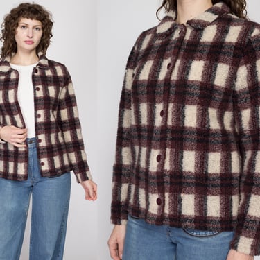 Medium 90s Plaid Fleece Button Up Sweater | Vintage Soft Sweatshirt Cardigan Jacket 