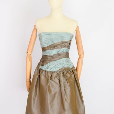 Vintage 1990s Bill Blass Silk Dress | XS | Structured Strapless Silk Shantung Party Dress 