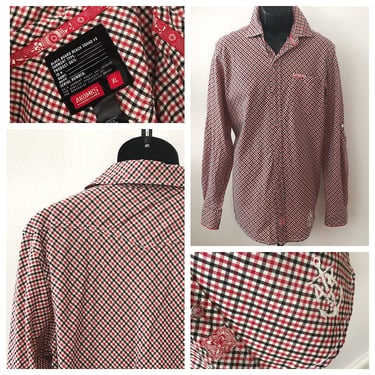 mens checked cotton western shirt, mens xl long sleeve snap front shirt, vintage vlv menswear, red and black check 