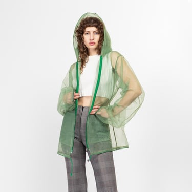 Med-XL 80s Sheer Green Mesh Hooded Jacket | Vintage Lightweight Zip Up Mosquito Net Jacket 