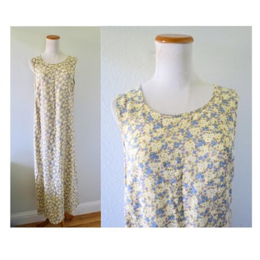 Vintage Yellow Floral Print Dress - 90s Sleeveless Rayon Pastel Sundress - Casual Boho Summer Dress - Size Large 