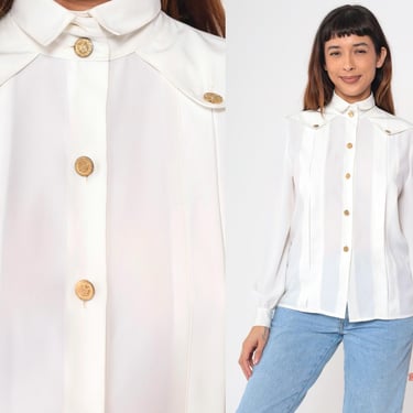 White Pleated Blouse 90s Military Inspired Gold Button Up Top Long Sleeve Collared Shirt Secretary Academia Office Vintage 1990s Small 6 