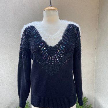 Vintage Christine 80s classy sequins beaded black white pullover knit sweater sz S 