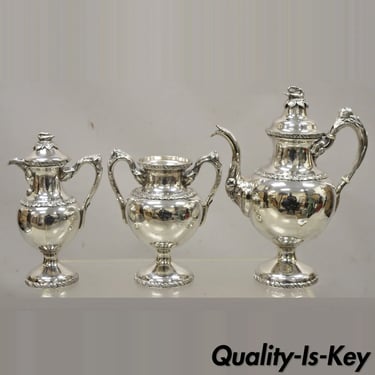 Antique English Regency Swan Finial Silver Plated Tea Pot Set - 3 Pc Set