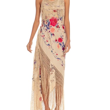 Morphew Collection Beige Bias Cut Fringed Dress Made From 1920S Hand-Embroidered Silk 