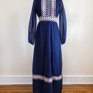 Navy Maxi Dress with Embroidery - 1970s 