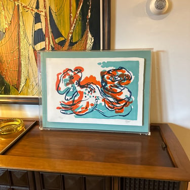 Mid Century Limited edition "Two Figures" lithographic print by listed artist, Karel Appel (NY, FR, 1921-2006) 