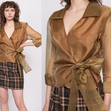 Medium 80s Gold Organza Wrap Crop Top | Vintage Glam Cuffed 3/4 Sleeve Collared Blouse 