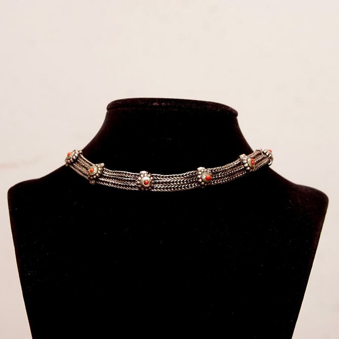 Vintage Three-Strand Medallion Clamp Choker Necklace, Oxidized Silver Foxtail Chains, Red Enamel Accents, Hook Clasp, Turkish Style, 15 1/2&amp;quot; 