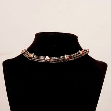 Vintage Three-Strand Medallion Clamp Choker Necklace, Oxidized Silver Foxtail Chains, Red Enamel Accents, Hook Clasp, Turkish Style, 15 1/2&quot; 