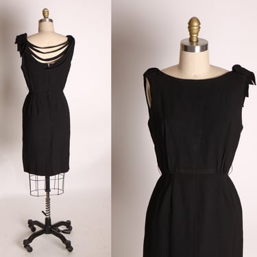 1950s Black Sleeveless Draped Back Pencil Shape Formal Cocktail Wiggle Dress -XS 