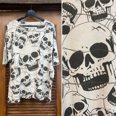 Vintage 1980’s Skull All Over Print and Barbed Wire Tee Shirt, 80’s Oversize Tee, Vintage T Shirt, Vintage Goth, Vintage Clothing 