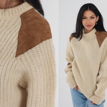 Cream Wool Sweater 80s Brown Shoulder Elbow Patch Sweater Ribbed Fisherman Distressed Chunky Pullover Cableknit Danish Vintage 1980s Large 
