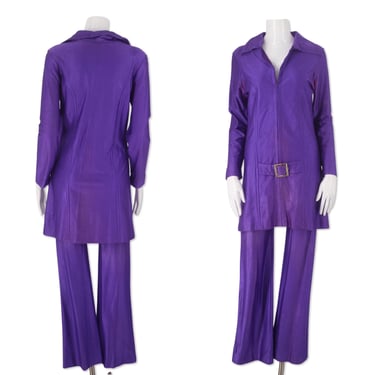 60s purple bell bottom outfit set, vintage 1960s mod tunic and bells pants 2 piece for wear or costume M 4-6 