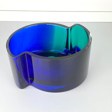 Vintage Unique Art Glass Bowl Vase Cobalt Blue Green Mid Century Modern Design 