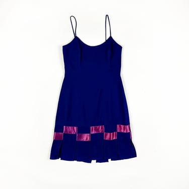 1990s Nicole Miller Spaghetti Strap Dress / Carwash Hem / Woven Ribbon / Basket Woven / Navy Blue / Checker / Fitted / Size 8 / Royal Blue 