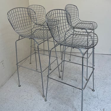 Set of 4 Chrome Wire Barstools | mid century home furniture | silver high seats 