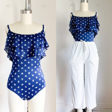 Vintage 1980s Navy and White Floral Ruffled One-Piece Swimsuit / S 