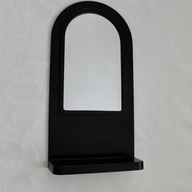 Syroco Acrylic Black Wall Mirror Arch Top Built in Shelve in the Style of Raymond Loewy 