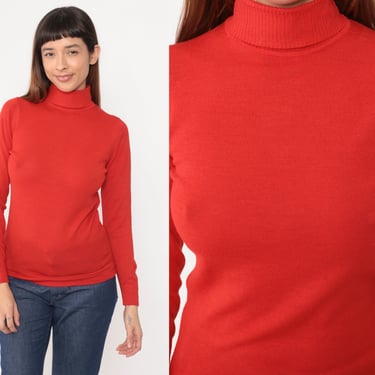 Red Turtleneck Shirt 70s Ribbed Knit Sweater Top Wool Blend Long Sleeve Shirt Thin Lightweight Retro High Neck Simple Vintage 1970s Small 
