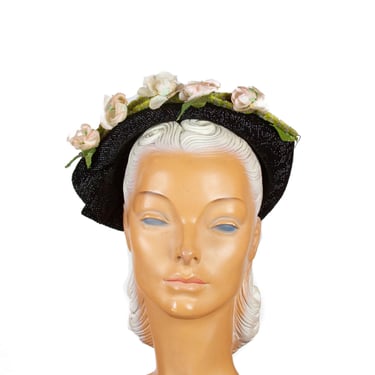 1950s Hat ~ Shiny Black Cascading Hat with Millinery Flowers 