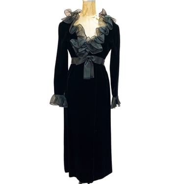 GORGEOUS 1960s Mollie Parnis Black Velvet Ruffle Gown 