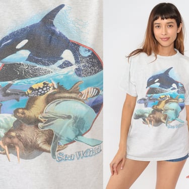 Vintage Sea World Shirt 90s Seal Dolphin Orca Whale Shark Sea Lion Under The Sea Print Graphic Animal Single Stitch Grey 1990s Medium 