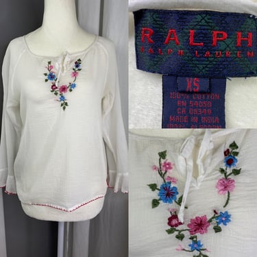 Vintage 90s Ralph Ralph Lauren Embroidered Peasant Top | Long Sleeve Sheer Blouse | Y2k 90s Boho style Shirt | Plaid Label RL | Size XL 