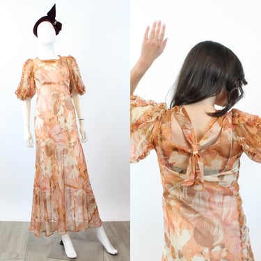 1930s CHIFFON puff sleeve gown dress xs | new winter 