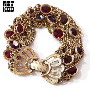 Lovely Vintage 70s Gold Mutlichain Bracelet with Red Faceted Rhinestones 