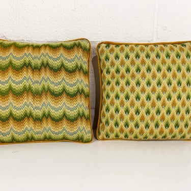 Vintage Needlepoint Geometric Pillows Set of Two Pillow Pair Yellow Green Tan Square Accent Throw Sofa Couch 1970s 1976 
