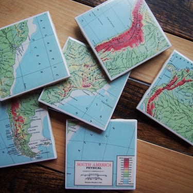 1956 South America Map Coaster Set of 6. Elevation Map. Vintage South American Decor. Andes Mountains. World Travel Gift. Brazil Map Gift. 