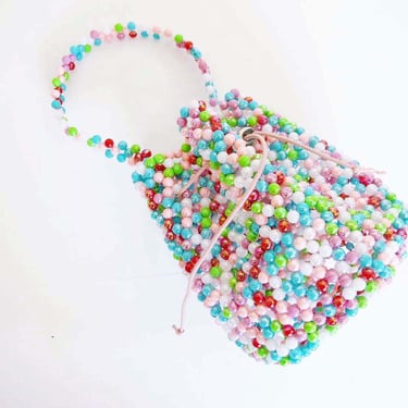 Y2K 90s Candy Beaded Hand Bag - Rainbow Pastel Drawstring Top Handle Purse - Small 2000s Bucket Purse 