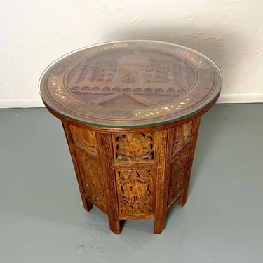 Vintage Carved Wood Octagonal Table | Anglo Indian Pierced Carving | Folding Base with Glass Top | Moroccan Style Table 