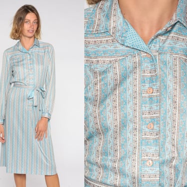 Button Up Dress 70s Shirtdress Belted Collared Belt Blue Tan Geometric Striped Secretary Mod Long Sleeve Boho Vintage Retro Medium Large 