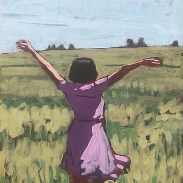 Woman in Field #18 - Original Acrylic Painting on Canvas 12 x 16 - fine art, figurative, green, dress, girl, landscape, michael van, trees 