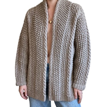 Vintage Hand Knit 100% Wool Beige Brown Chunky Knit Fisherman Cardigan Jacket XL 