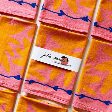 Julie Peach - Floral Splat on Pink Tea Towel - 100% Cotton