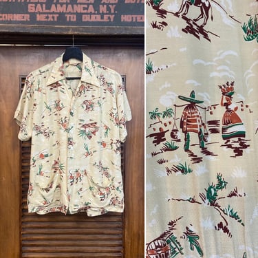 Vintage 1940’s Siesta Mexico Atomic Rayon Cabana Hawaiian Rockabilly Shirt, 40’s Cabana Shirt, 40’s Western Wear, Vintage Clothing 